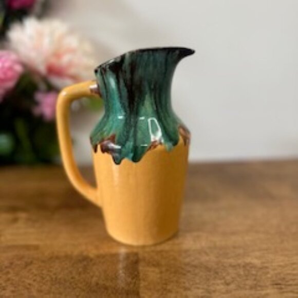 Vintage Drip Glaze Pottery Pitcher Green Brown and Mustard Yellow Art Pottery Ju - Picture 6 of 8